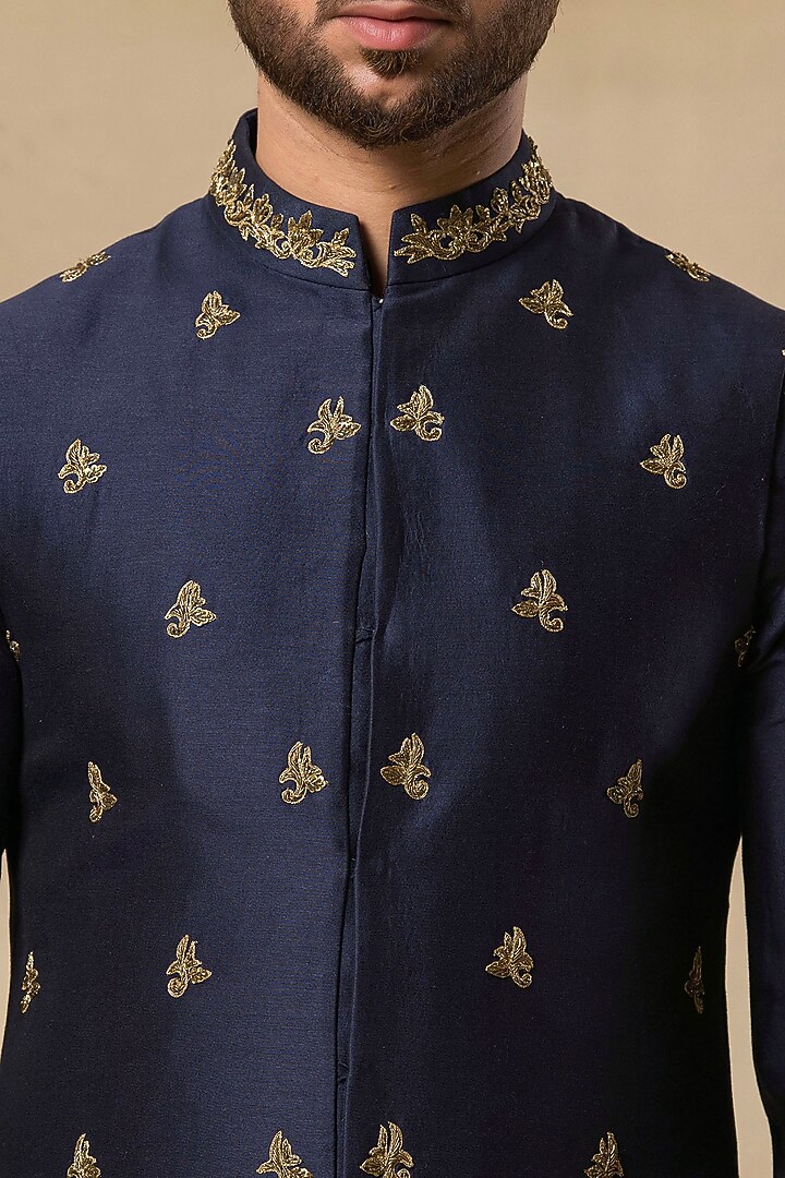 Navy Blue Velvet Hand Embroidered Nehru Jacket Set by Aditya Sachdeva Men at Pernia's Pop Up Shop