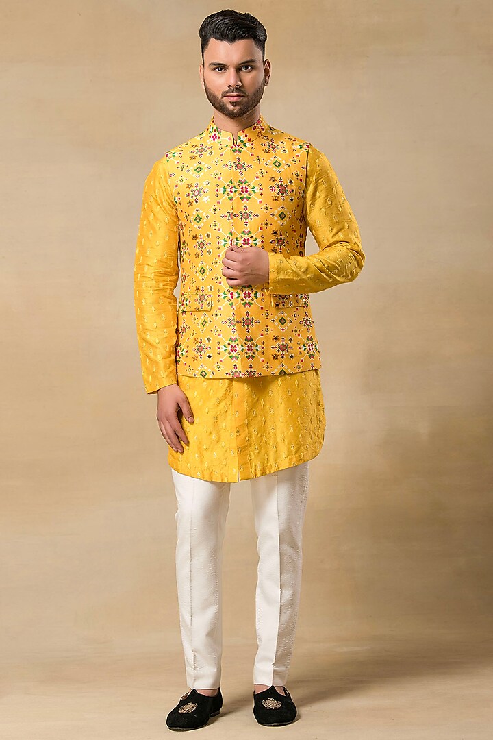 Yellow Brocade Printed & Mirror Embroidered Nehru Jacket Set by Aditya Sachdeva Men