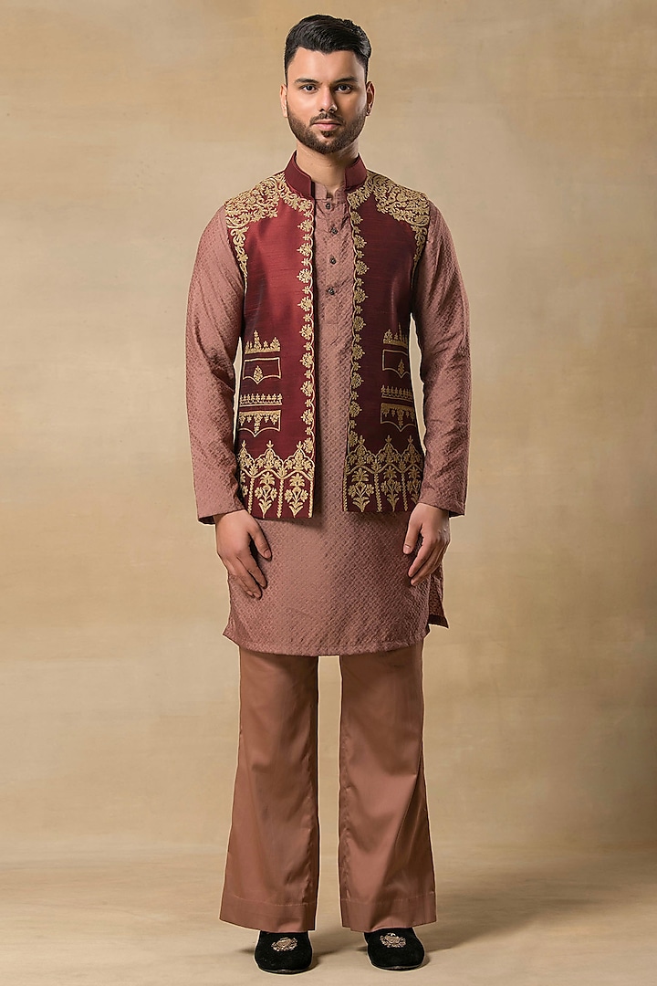 Wine Raw Silk Machine Embroidered Indo-Western Jacket Set by Aditya Sachdeva Men at Pernia's Pop Up Shop