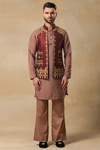 Wine Raw Silk Machine Embroidered Indo-Western Jacket Set by Aditya Sachdeva Men