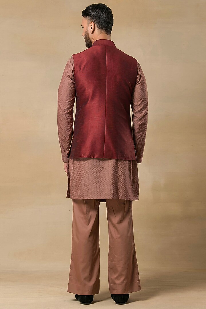 Wine Raw Silk Machine Embroidered Indo-Western Jacket Set by Aditya Sachdeva Men at Pernia's Pop Up Shop