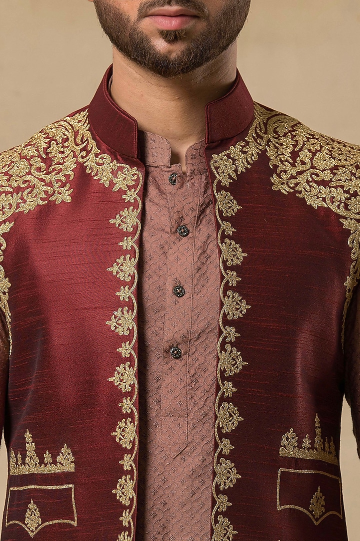Wine Raw Silk Machine Embroidered Indo-Western Jacket Set by Aditya Sachdeva Men at Pernia's Pop Up Shop