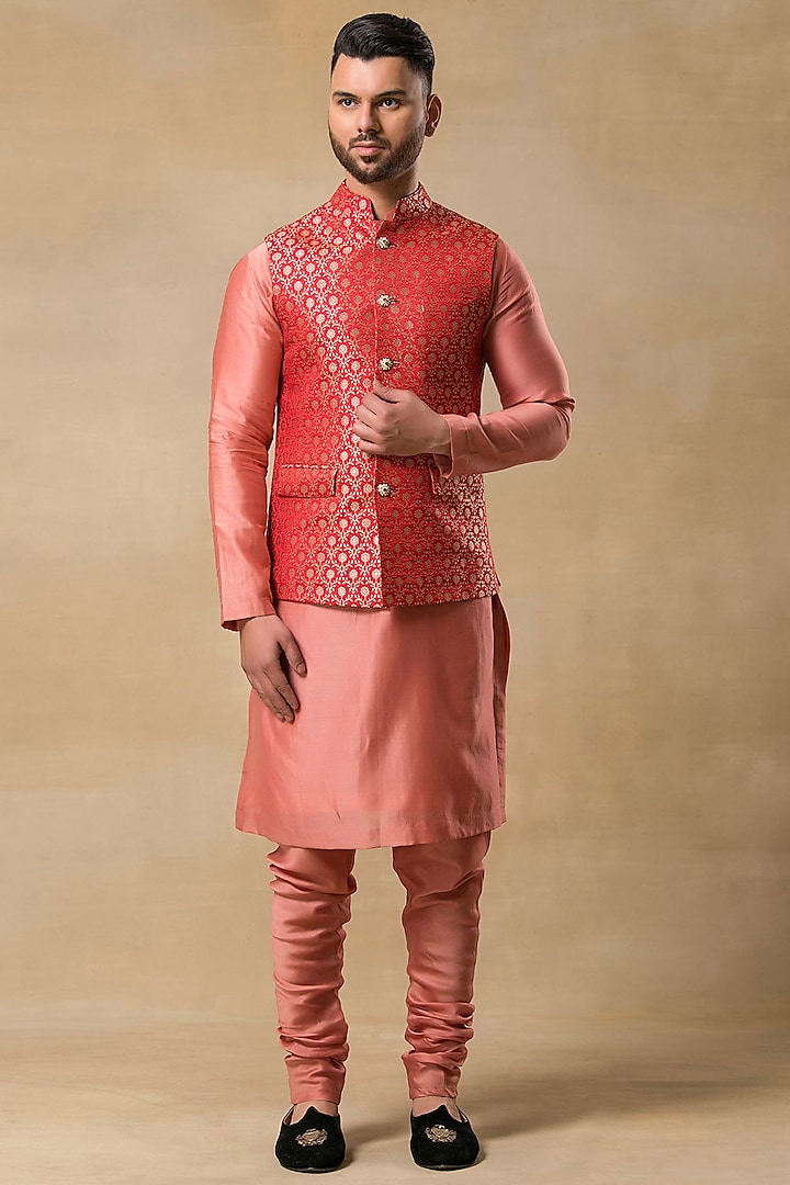 Red Brocade Nehru Jacket Set by Aditya Sachdeva Men