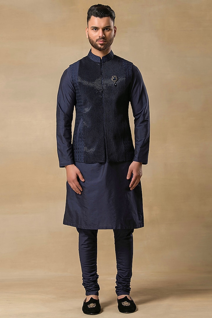 Navy Blue Polystyrene Cutdana Embroidered Nehru Jacket Set by Aditya Sachdeva Men