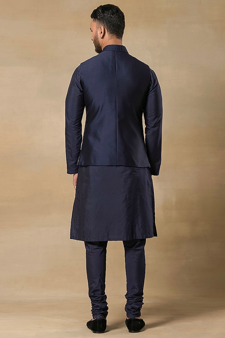 Navy Blue Polystyrene Cutdana Embroidered Nehru Jacket Set by Aditya Sachdeva Men at Pernia's Pop Up Shop