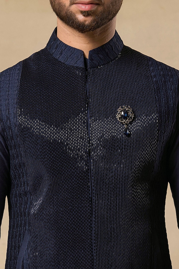 Navy Blue Polystyrene Cutdana Embroidered Nehru Jacket Set by Aditya Sachdeva Men at Pernia's Pop Up Shop