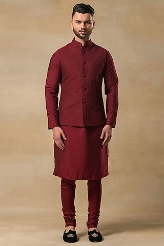 Wine Polystyrene Pintucks Nehru Jacket Set by Aditya Sachdeva Men