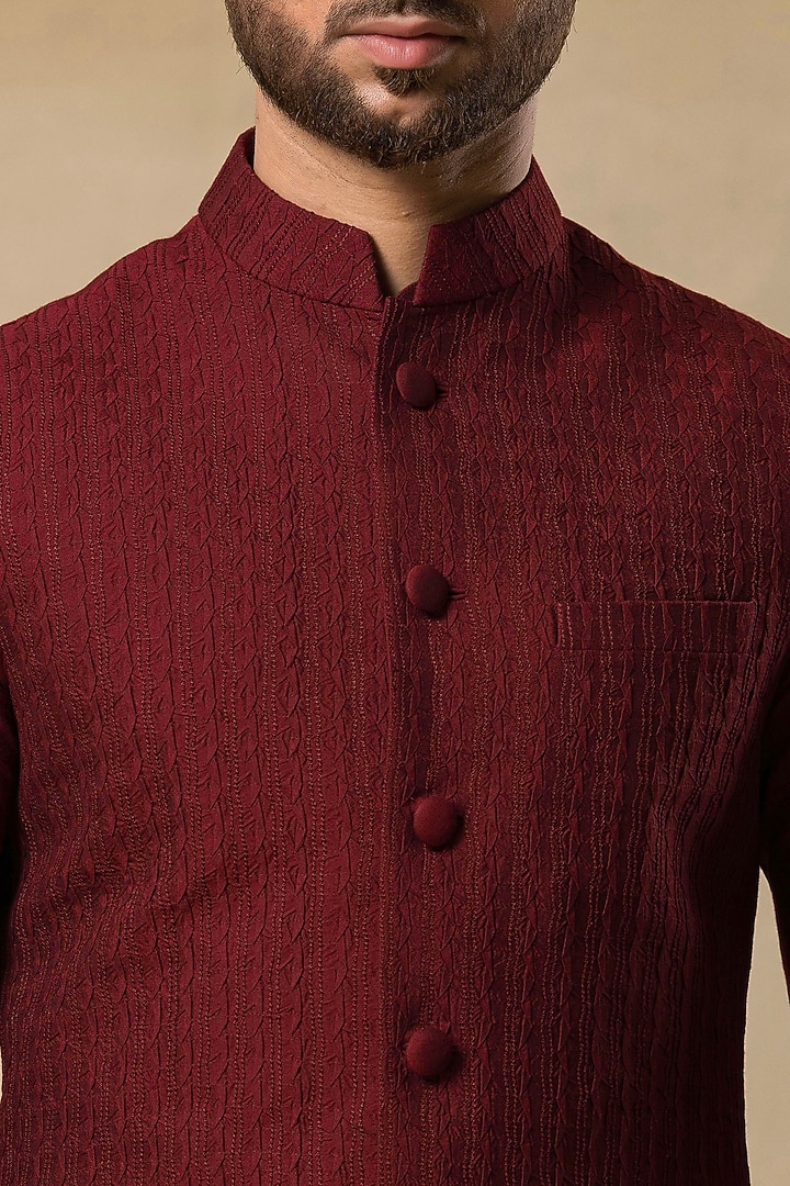 Wine Polystyrene Pintucks Nehru Jacket Set by Aditya Sachdeva Men at Pernia's Pop Up Shop