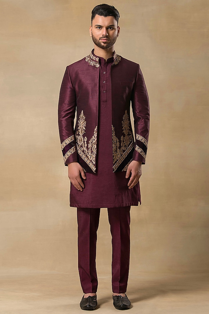 Wine Poly Dupion Hand Embroidered Indowestern Set by Aditya Sachdeva Men