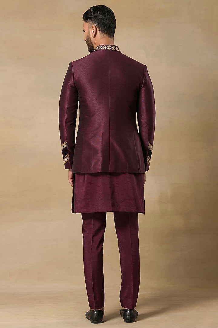 Wine Poly Dupion Hand Embroidered Wedding Indowestern Set by Aditya Sachdeva Men at Pernia's Pop Up Shop