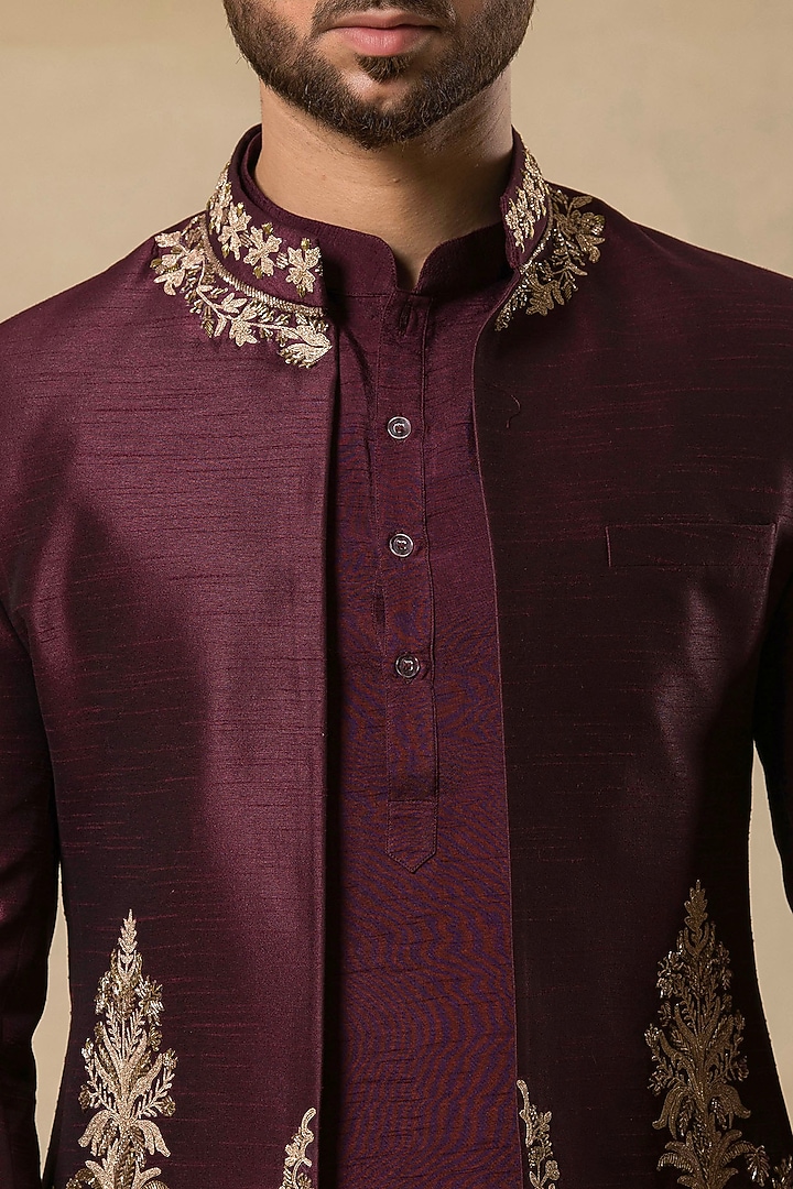 Wine Poly Dupion Hand Embroidered Wedding Indowestern Set by Aditya Sachdeva Men at Pernia's Pop Up Shop