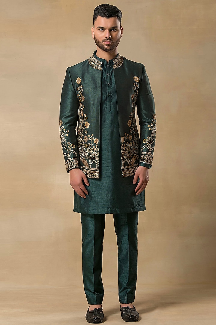 Green Poly Dupion Hand Embroidered Indowestern Set by Aditya Sachdeva Men at Pernia's Pop Up Shop