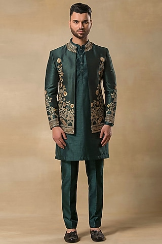 Green Poly Dupion Hand Embroidered Indowestern Set by Aditya Sachdeva Men