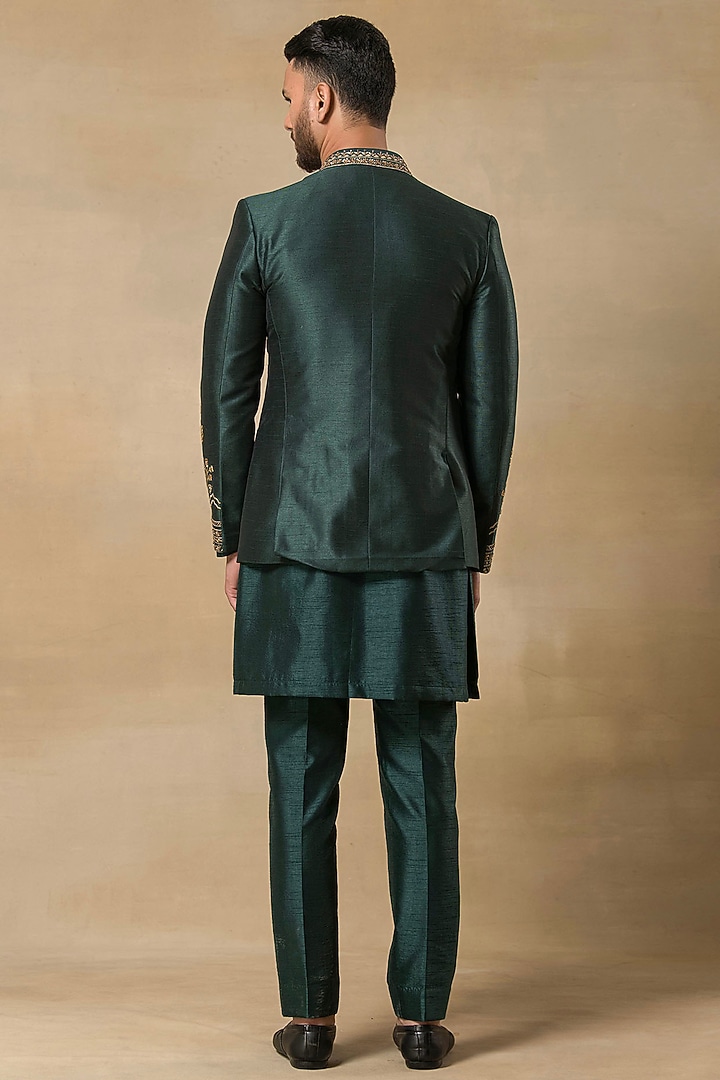Green Poly Dupion Hand Embroidered Wedding Indowestern Set by Aditya Sachdeva Men at Pernia's Pop Up Shop