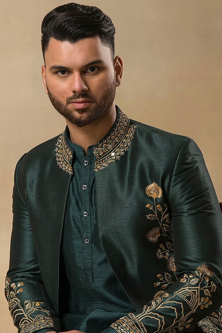Green Poly Dupion Hand Embroidered Wedding Indowestern Set by Aditya Sachdeva Men at Pernia's Pop Up Shop