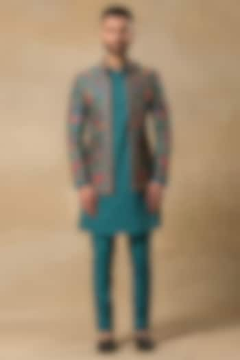 Teal Poly Dupion Hand Embroidered Indowestern Set by Aditya Sachdeva Men at Pernia's Pop Up Shop