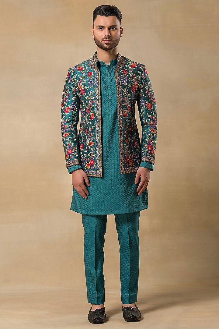 Teal Poly Dupion Hand Embroidered Indowestern Set by Aditya Sachdeva Men at Pernia's Pop Up Shop