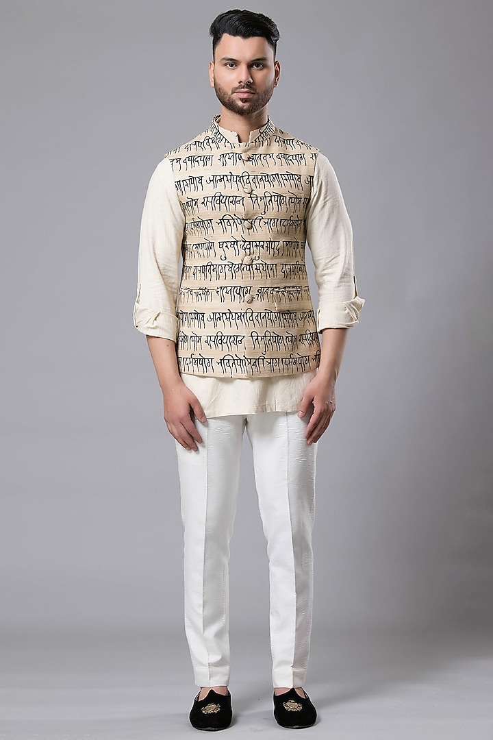 Khaki Matka Silk Nehru Jacket Set by Aditya Sachdeva Men