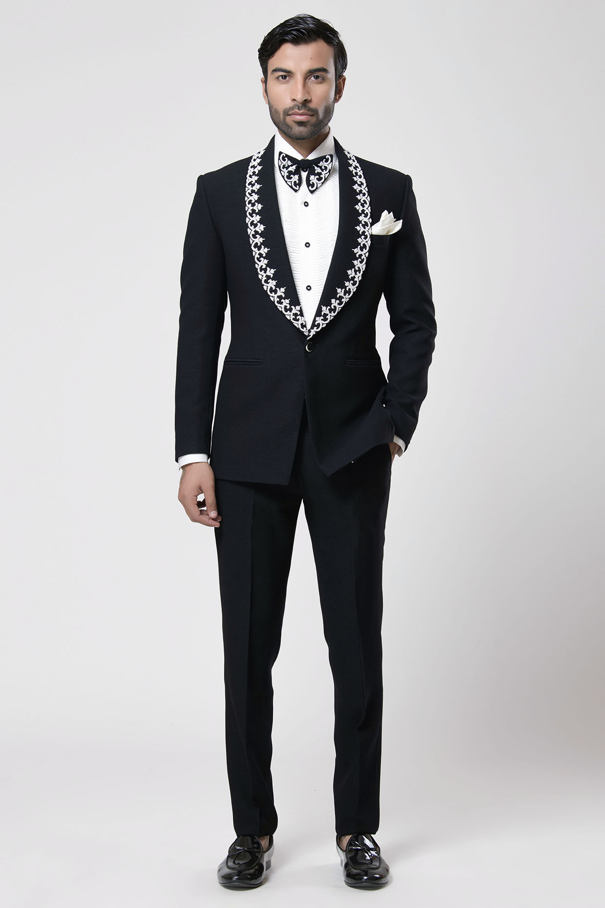Black Crepe Moti Embroidered Tuxedo Set by Aditya Sachdeva Men at Pernia's Pop Up Shop