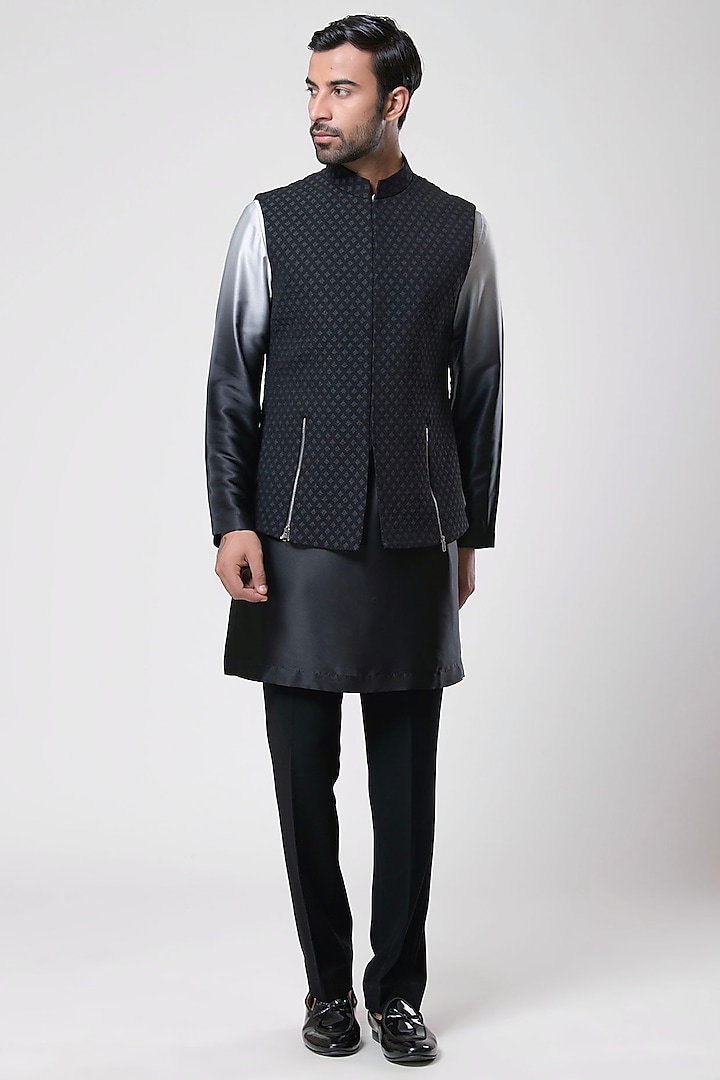 Black Brocade Nehru Jacket Set by Aditya Sachdeva Men