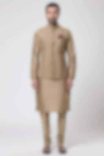 Khaki Polystyrene Nehru Jacket Set by Aditya Sachdeva Men