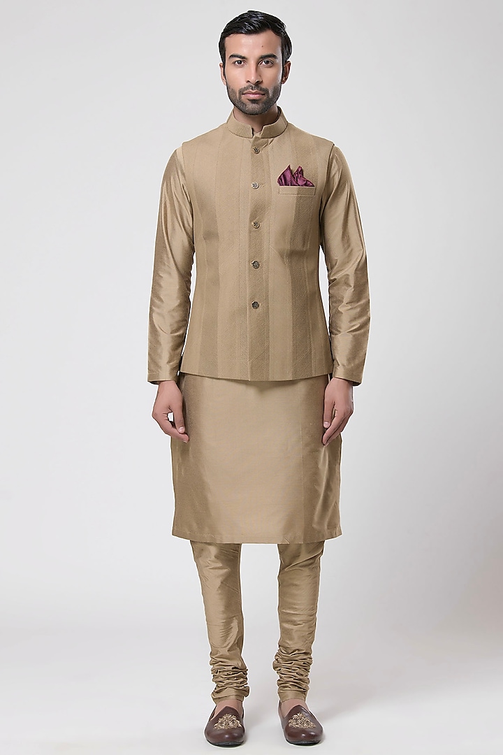 Khaki Polystyrene Nehru Jacket Set by Aditya Sachdeva Men