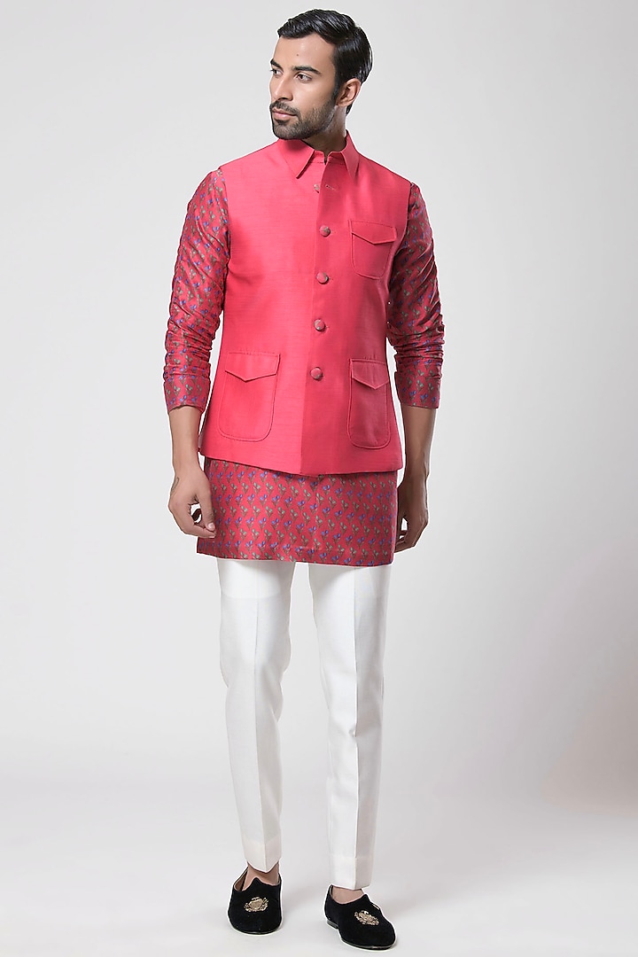 Orange Dola Silk Nehru Jacket Set by Aditya Sachdeva Men