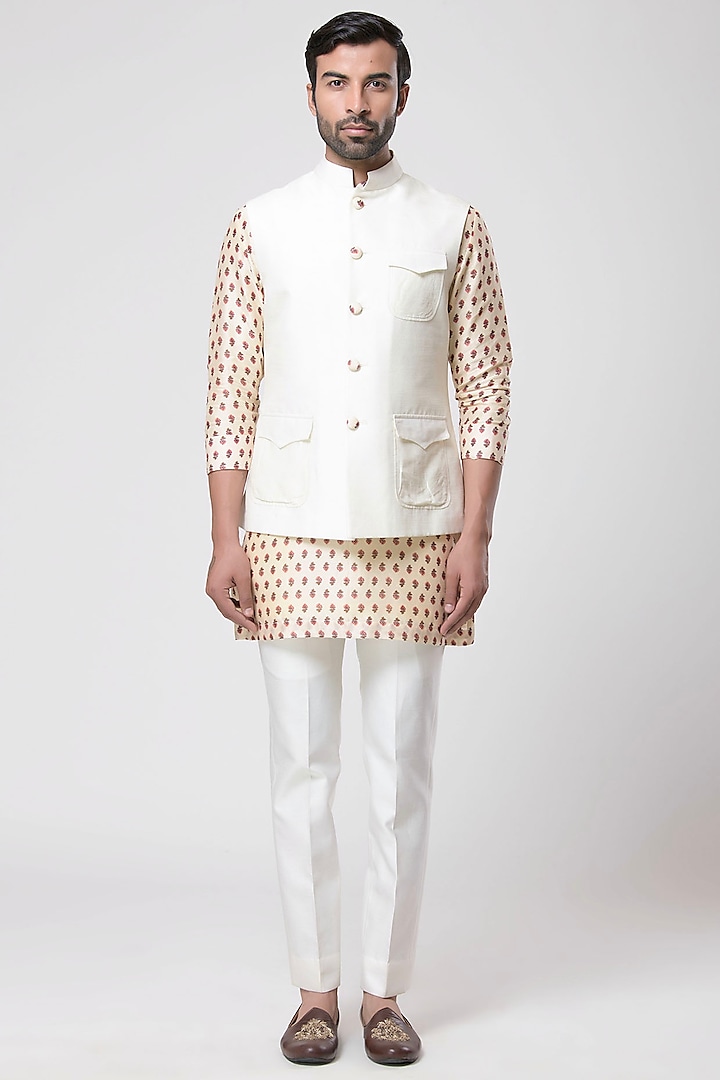 Ivory Dola Silk Nehru Jacket Set by Aditya Sachdeva Men