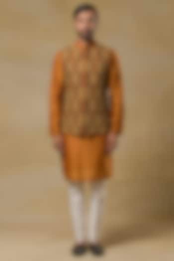 Orange Raw Silk Hand Embroidered Nehru Jacket Set by Aditya Sachdeva Men