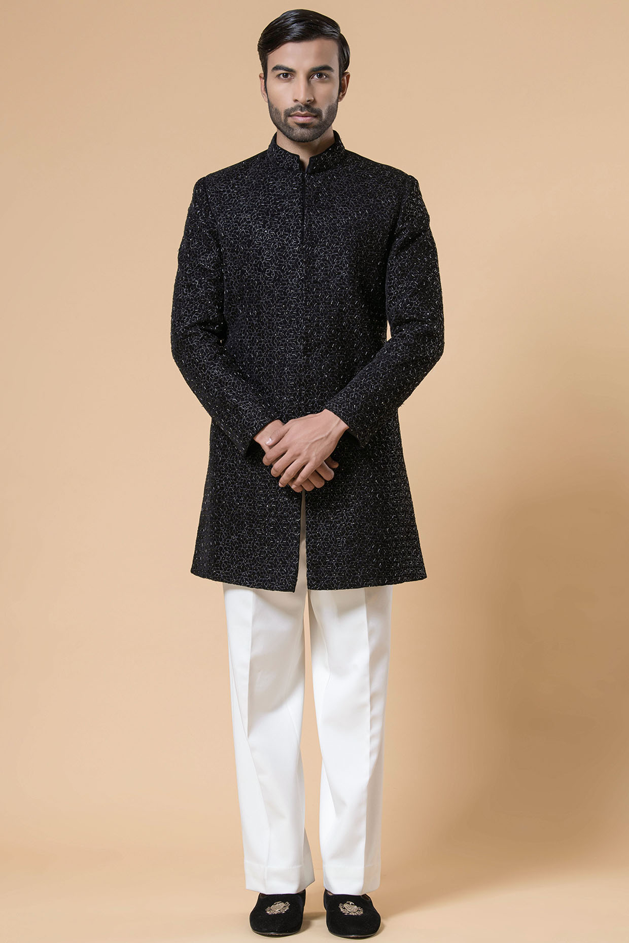 Black Micro Velvet Hand Embroidered Groom Indowestern Set by Aditya Sachdeva Men at Pernia's Pop Up Shop