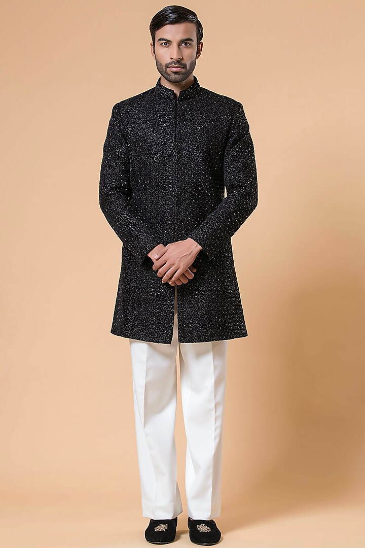 Black Micro Velvet Hand Embroidered Groom Indowestern Set by Aditya Sachdeva Men at Pernia's Pop Up Shop