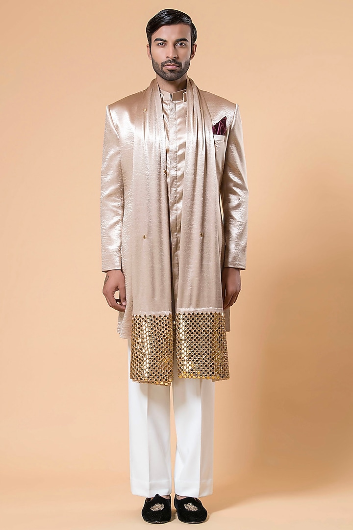 Golden Shining Fabric Indowestern Set by Aditya Sachdeva Men