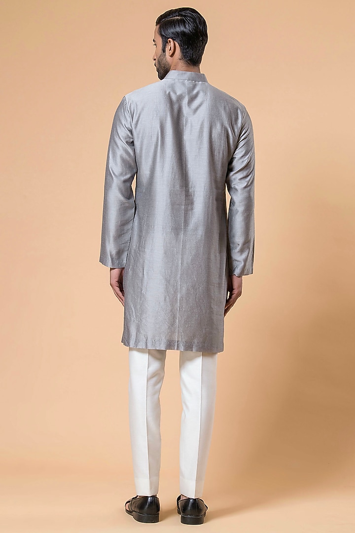 Dark Grey Chanderi Hand Emboridered Kurta Set by Aditya Sachdeva Men at Pernia's Pop Up Shop