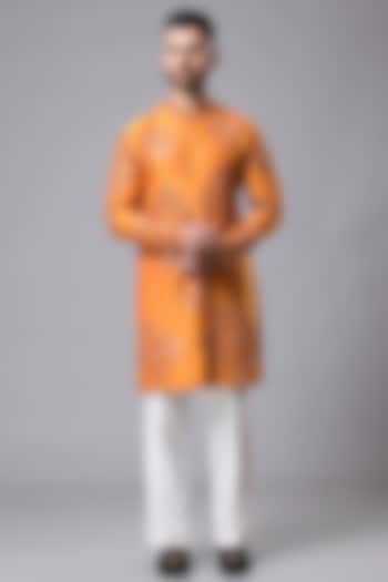Orange Raw Silk Mirror Work Kurta Set by Aditya Sachdeva Men