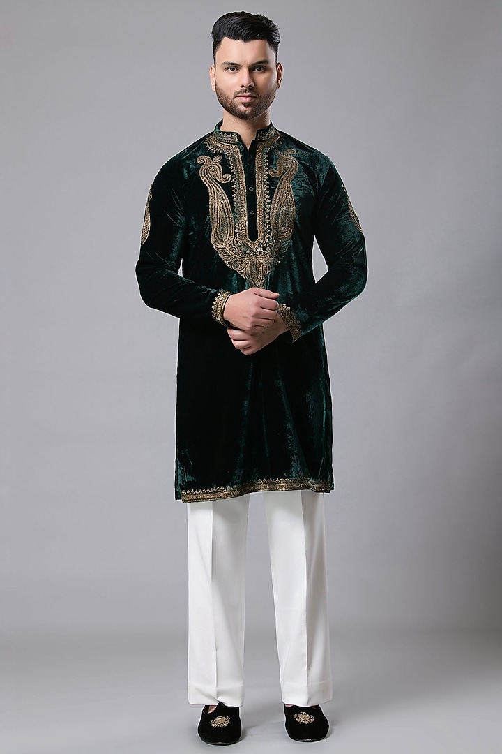 Dark Green Velvet Zari Machine Work Kurta Set by Aditya Sachdeva Men