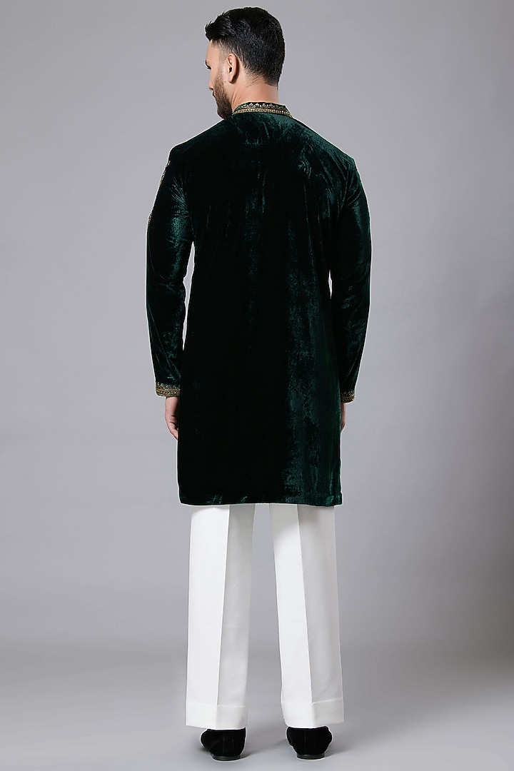 Dark Green Velvet Zari Machine Work Kurta Set by Aditya Sachdeva Men at Pernia's Pop Up Shop