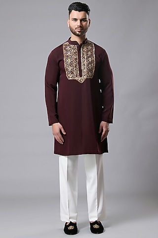 Brown Italian Crepe Hand Embroidered Kurta Set by Aditya Sachdeva Men