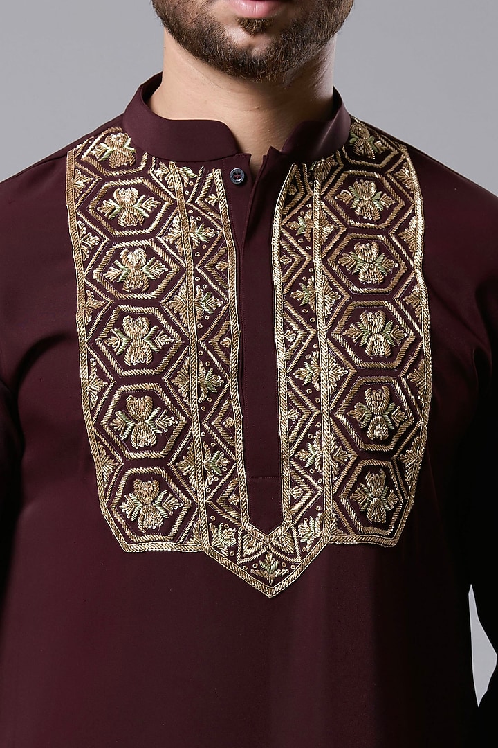 Brown Italian Crepe Hand Embroidered Kurta Set by Aditya Sachdeva Men at Pernia's Pop Up Shop