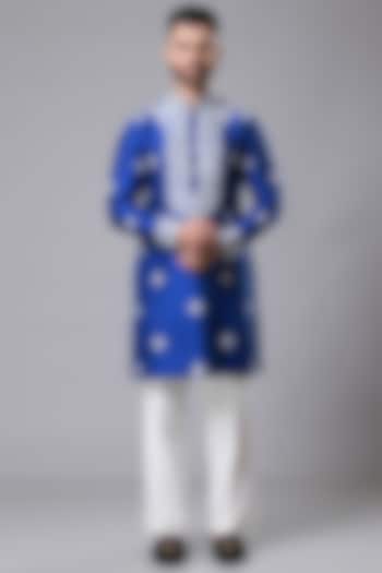 Blue Raw Silk Chikankari Work Kurta Set by Aditya Sachdeva Men