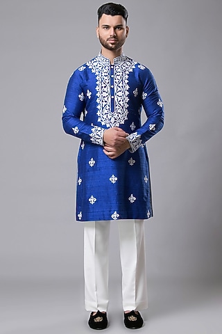 Blue Raw Silk Chikankari Work Kurta Set by Aditya Sachdeva Men