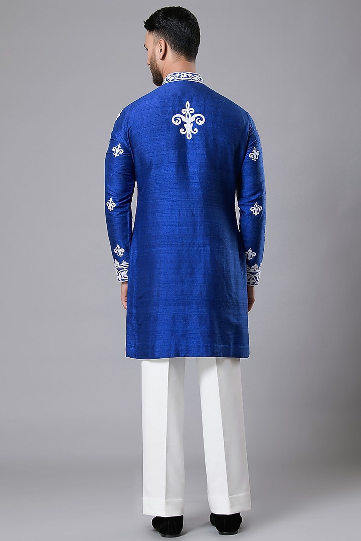 Blue Raw Silk Chikankari Work Kurta Set by Aditya Sachdeva Men at Pernia's Pop Up Shop