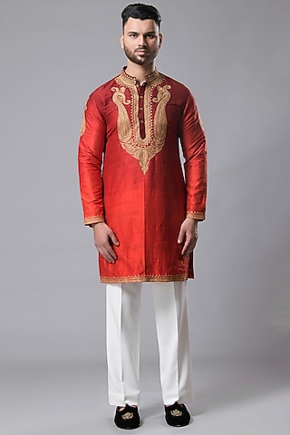 Red Raw Silk Zari Machine Work Kurta Set by Aditya Sachdeva Men