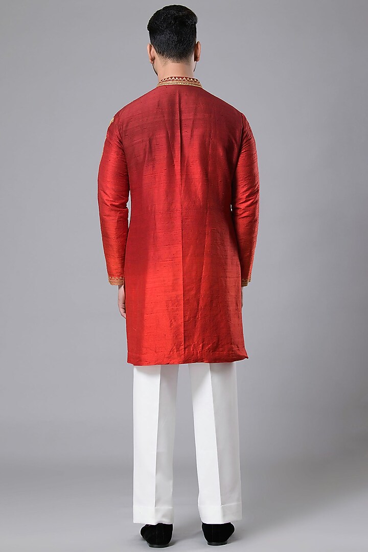 Red Raw Silk Zari Machine Work Kurta Set by Aditya Sachdeva Men at Pernia's Pop Up Shop