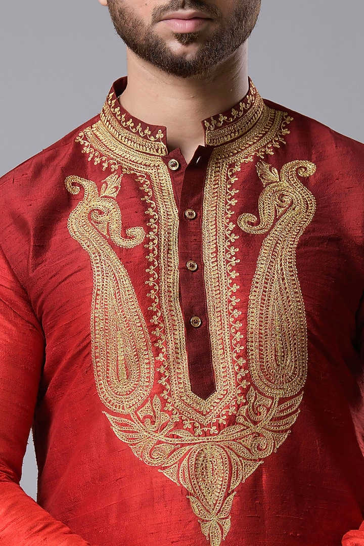 Red Raw Silk Zari Machine Work Kurta Set by Aditya Sachdeva Men at Pernia's Pop Up Shop