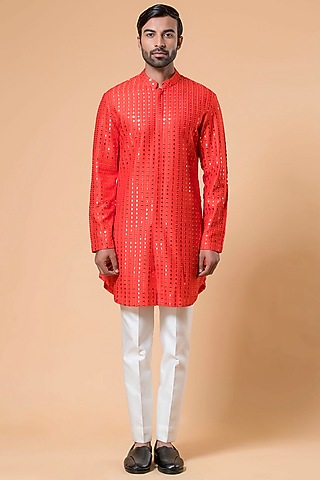 Red Linen Cotton Silk Mirror Hand Embroidered Kurta Set by Aditya Sachdeva Men