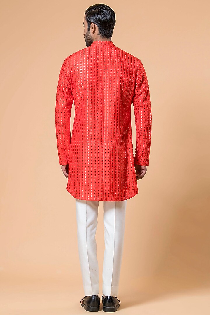 Red Linen Cotton Silk Mirror Hand Embroidered Kurta Set by Aditya Sachdeva Men at Pernia's Pop Up Shop
