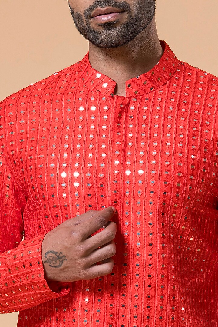 Red Linen Cotton Silk Mirror Hand Embroidered Kurta Set by Aditya Sachdeva Men at Pernia's Pop Up Shop