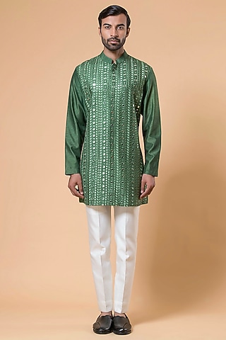 Green Linen Cotton Silk Mirror Hand Embroidered Kurta Set by Aditya Sachdeva Men