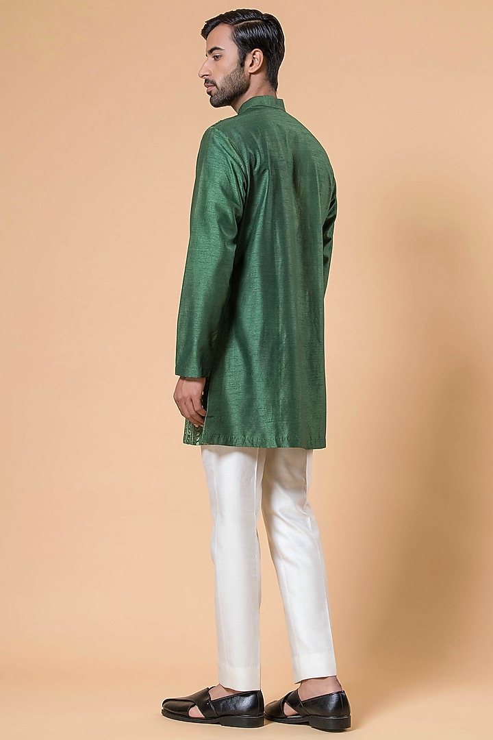 Green Linen Cotton Silk Mirror Hand Embroidered Kurta Set by Aditya Sachdeva Men at Pernia's Pop Up Shop