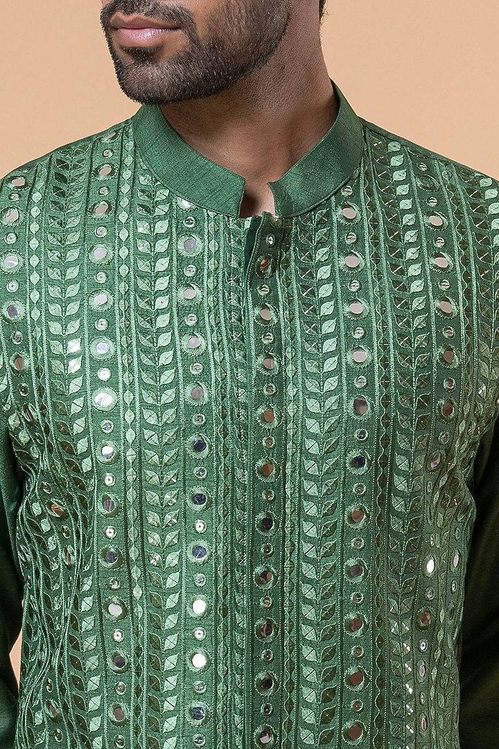 Green Linen Cotton Silk Mirror Hand Embroidered Kurta Set by Aditya Sachdeva Men at Pernia's Pop Up Shop